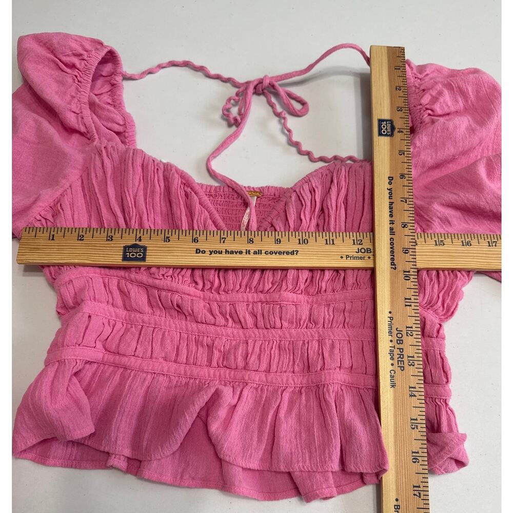 Free People Chole Cropped Top Blouse Ruffle Puffed Sleeves Smocked Pink Medium - Picture 9 of 10